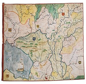 Seller image for Gelderlant.[Gelderland?], [ca. 1580/1600]. (36 x 37.5 cm; map image 35.5 x 36.5 cm). Manuscript map in coloured inks (and gold) on parchment (at a scale of about 1:315,000, with north to the left, covering about 51.4-52.8 N latitude and 4.9-6.8 E longitude), with 7 provincial coats of arms (rendered in colour and gold), three different variable scales (presumably intended as miles) in the lower right corner (2 units ranging from 30 to 45 mm) and a 6 cm square-rigged, two-masted ship in the Zuyder Zee. It shows rivers in dark blue, lakes and seas in light blue, hills in brown and trees in green, both highlighted with gold, and political regions both shaded and outlined in various colours. Cities and hundreds of towns and villages appear in red, the cities shown in profile with a gold dot, the others indicated by red dots, and all their names (and the names of regions) written quite clearly in brown ink. The whole map has a border in red ink on all four sides, with "Noordt" (North) let for sale by ASHER Rare Books