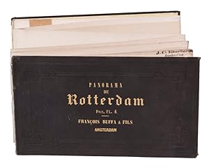 Image du vendeur pour Panorama de Rotterdam.Amsterdam, [printed by R. de Vries for] Franois Buffa & Sons, [1861]. Oblong (14.5 x 25 cm). The panorama is made up of 6 numbered views, which were originally published on three loose leaves of 2 views per leaf. The viewer looks northward from the river Meuse over the city from the old "sailor's house" (zeemanshuis) in the west along the Willemskade and the Haringvliet to the train station and large warehouse (rijks entrepot) in the east. Original brown blind-stamped wave-grained cloth. mis en vente par ASHER Rare Books