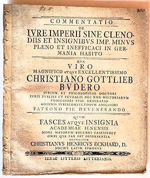 Bild des Verkufers fr Commentatio de iure Imperii sine clenodiis et insignibus Imp. minus pleno et inefficaci in Germania habito. zum Verkauf von Auceps-Antiquariat Sebastian Vogler