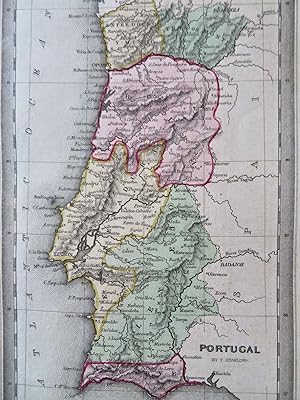 Portugal Lisbon Porto Evora Braganza 1830 nice hand color Starling miniature map