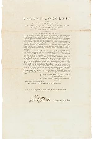 Thomas Jefferson Signed Act of Congress Authorizing Copper Coinage (the First Legal Tender Produc...