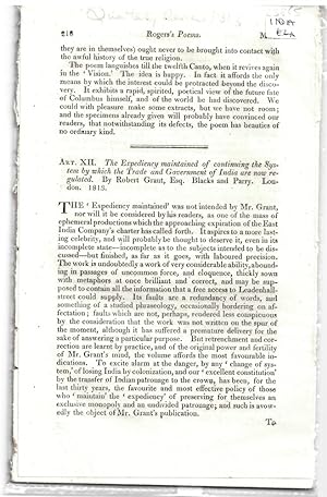 Seller image for Art. XII. the Expediency Maintained of Continuing the System by Which the Trade and Government of India Are Now Regulated. by Robert Grant, Esq. Blacks and Parry London 1813. Disbound from the Quarterly Review 1813 for sale by Literary Cat Books