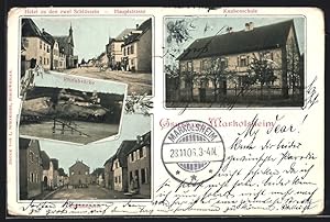 Carte postale Markolsheim, Hotel zu den zwei Schlüsseln, Knabenschule, Rheinbrücke