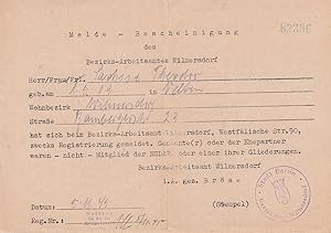 Melde-Bescheinigung des Bezirks-Arbeitsamtes Wilmersdorf. (Archivalie aus dem Jahr 1945).