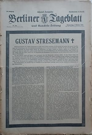 Gustav Stresemann. 5 zeitgenössische Berliner Zeitungsausgaben zum Tod des Politikers am 3. Oktob...