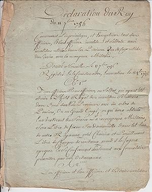 Déclaration manuscrite du Roy, du 11/09/1786 concernant les Privilèges accordés aux invalides