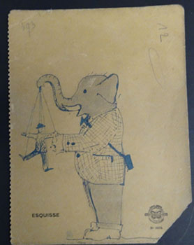 Original ink drawing of Babar the elephant as a marionette.