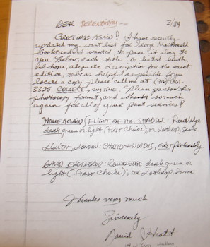 Photocopy of Hand-written Letter Signed David Hiatt to Serendipity Books (Peter Howard). March 1989.