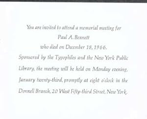 Bild des Verk�ufers f�r You are invited to attend a memorial meeting for Paul A. Bennett. zum Verkauf von Wittenborn Art Books