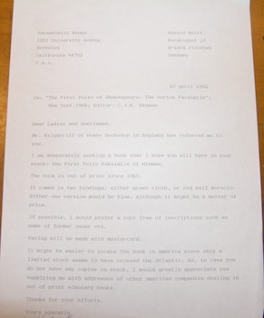 Printed & Signed letter Wolff to Serendipity Books (Peter Howard), 10 April, 1992.