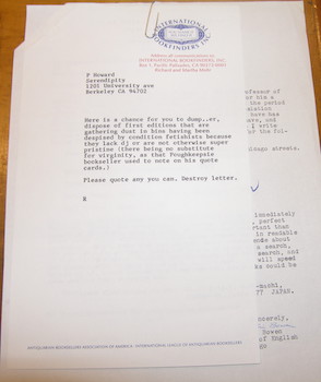 Seller image for TLS Merlin Bowen (University of Chicago English Professor) to Richard Cady (International Bookfinders), July 14, 1989. And Cady to Peter Howard, shortly thereafter. MS notes inked in margins from Howard on original letter. for sale by Wittenborn Art Books