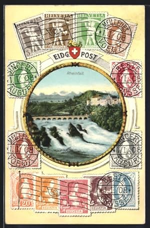 Ansichtskarte Rheinfall, Panorama mit Wasserfall, Briefmarken