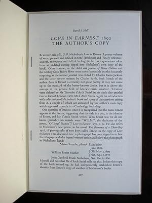 Love in Earnest 1892 [by John Gambril Nicholson] the Author's Copy. [Offprint from The Book Colle...