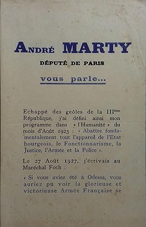 Tract : André Marty député de Paris vous parle. Se termine par : André Marty le héros d'Albacète ...