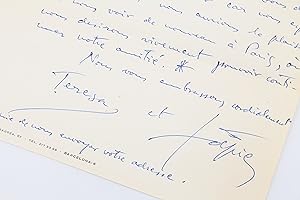 Lettre autographe datée et signée d'Antoni Tàpies à son ami et biographe Georges Raillard et sa f...