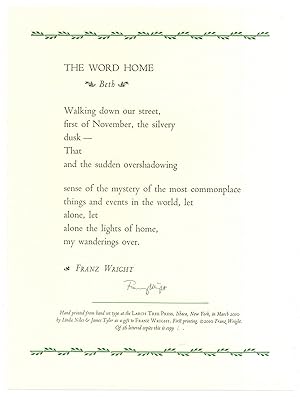 Bild des Verkufers fr [Broadside]: The Word Home: Beth zum Verkauf von Between the Covers-Rare Books, Inc. ABAA