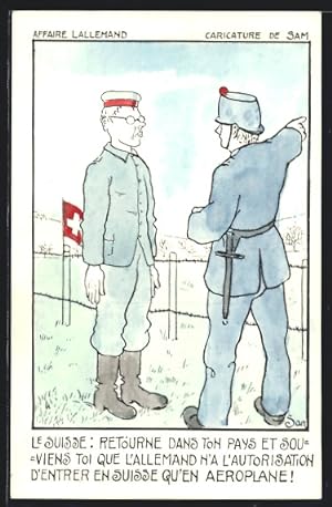 Ansichtskarte Deutscher Soldat an der schweizer Grenze, Karikatur