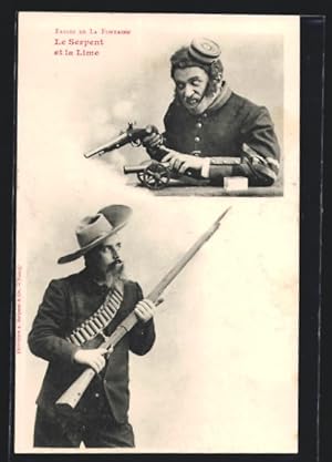 Ansichtskarte Fables de la Fontaine, Le Serpent et la Lime, Soldat mit Pistole, Burenkrieg