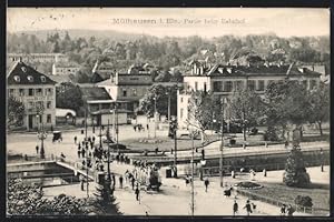 Ansichtskarte Mülhausen, Partie beim Bahnhof, Pferdegespann