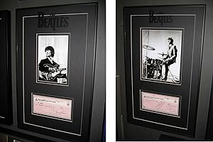 George Harrison & `Ringo Starr` autographs, TWO signed checks framed