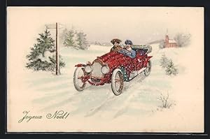 Bild des Verkufers fr Knstler-Ansichtskarte Paar fhrt im roten Auto durch den Schnee zum Verkauf von Bartko-Reher