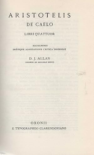 Bild des Verkufers fr De Caelo. Libri Quattuor. Recognovit brevique adnotatione critica instruxit D.J. Allan. (= Scriptorum Classicorum Bibliotheca Oxoniensis). zum Verkauf von Antiquariat Dirk Borutta