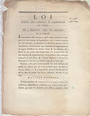 Image du vendeur pour Loi relative aux taxations et augmentations des gages. Du 9 septembre 1792, l'an quatrime de la Libert. mis en vente par PRISCA