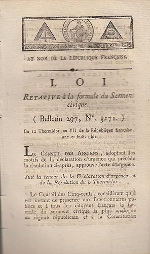 Bild des Verkufers fr Dpartement de la Haute-Loire : Loi retative  la formule du sermen civique. (Bulletin 297, N 3171) du 12 thermidor, an VII de la Rpublique franaise, une et indivisible. zum Verkauf von PRISCA