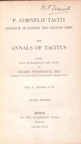 Seller image for Cornelii Taciti Annalium Ab Excessu Divi Augusti Libri The Annals of Tacitus Vol I Books I - VI for sale by WeBuyBooks