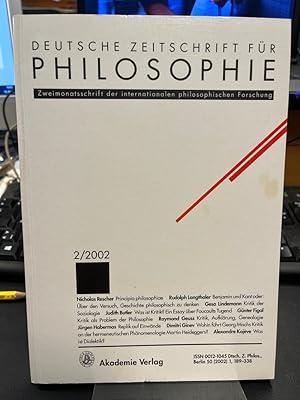 Bild des Verkufers fr Deutsche Zeitschrift fr Philosophie 2002 50. Jg Heft 2. Schwerpunkt: Wozu Philosophie? Zweimonatsschrift der internationalen philosophischen Forschung. zum Verkauf von Altstadt-Antiquariat Nowicki-Hecht UG