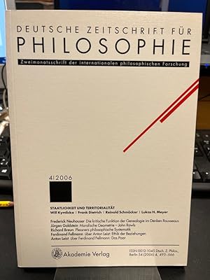 Bild des Verkufers fr Deutsche Zeitschrift fr Philosophie 2006 54. Jg Heft 4. Schwerpunkt: Staatlichkeit und Territorialitt. Zweimonatsschrift der internationalen philosophischen Forschung. zum Verkauf von Altstadt-Antiquariat Nowicki-Hecht UG