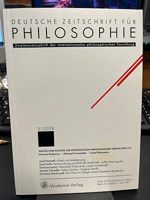 Seller image for Deutsche Zeitschrift fr Philosophie 2008 56. Jg Heft 3. Schwerpunkt: Natur und Kultur: Die Spezifikation menschlichen Verhaltens (II) Zweimonatsschrift der internationalen philosophischen Forschung. for sale by Antiquariat Hecht