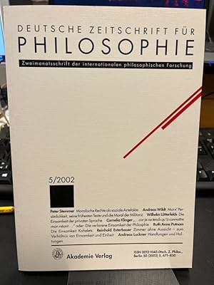 Bild des Verkufers fr Deutsche Zeitschrift fr Philosophie 2002 50. Jg Heft 5. Schwerpunkt: Einsamkeit. Zweimonatsschrift der internationalen philosophischen Forschung. zum Verkauf von Altstadt-Antiquariat Nowicki-Hecht UG