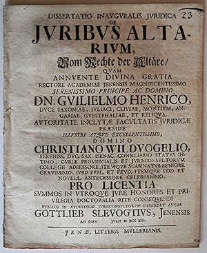 Image du vendeur pour Dissertatio inauguralis iuridica de iuribus altarium, Vom Rechte der Altre. mis en vente par Auceps-Antiquariat Sebastian Vogler