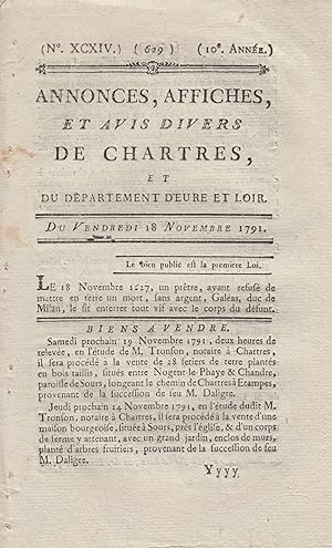 Immagine del venditore per Annonces, affiches, et avis divers de Chartres, et du dpartement d'Eure et Loir. Du vendredi 18 novembre 1791. venduto da PRISCA