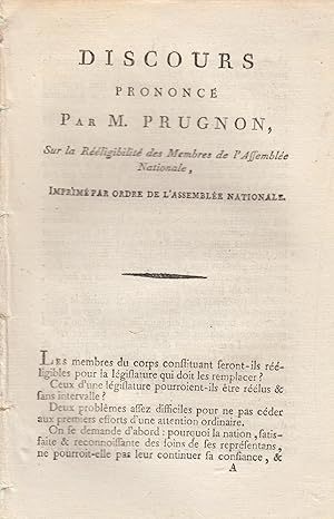 Seller image for Discours prononc par M. Prugnon, sur la rligibilit des membres de l'Assemble nationale, imprim par ordre de l'Assemble nationale. (16 mai 1791.). for sale by PRISCA