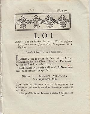 Imagen del vendedor de Loi relative  la liquidation des dettes actives & passives des communauts supprimes, & liquides ou  liquider : donne  Paris, le 14 octobre 1791. a la venta por PRISCA