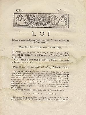 Imagen del vendedor de Loi relative aux assignats provenant de la cration du 29 juillet dernier : donne  Paris le premier janvier 1792 - Loi relative  la rectification de l'article II du Dcret du 17 dcembre dernier sur les assignats : donne  Paris le premier janvier 1792. a la venta por PRISCA