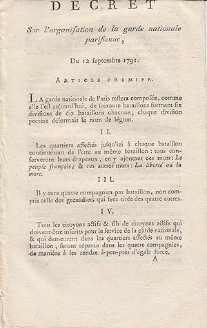 Image du vendeur pour Dcret sur l'organisation de la Garde nationale parisienne du 12 septembre 1791 mis en vente par PRISCA
