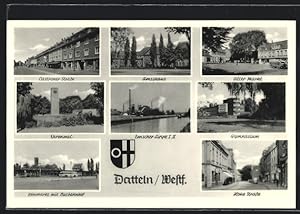 Ansichtskarte Datteln i. Westf., Castroper Strasse, Ehrenmal, Neumarkt mit Busbahnhof, Alter Mark...