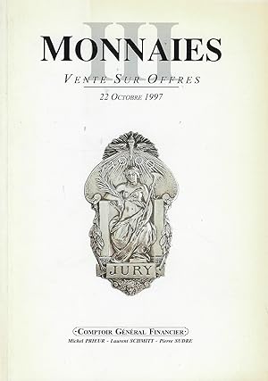 Bild des Verkufers fr Comptoir Gnral Financier. Monnaies III. Vente sur offres, 22 octobre 1997 zum Verkauf von Librairie Archaion