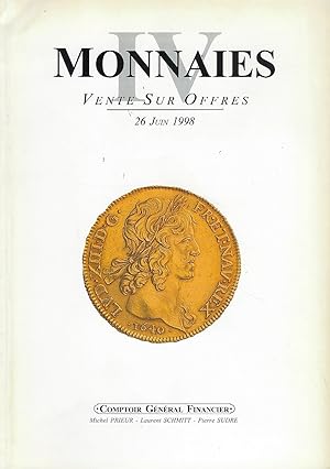 Bild des Verkufers fr Comptoir Gnral Financier. Monnaies IV. Vente sur offres, 26 juin 1998 zum Verkauf von Librairie Archaion