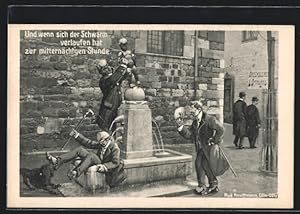 Image du vendeur pour Ansichtskarte Aachen, Trinker am Fischmarkt fallen in den Brunnen, Und wenn sich der Schwarm verlaufen hat. mis en vente par Bartko-Reher