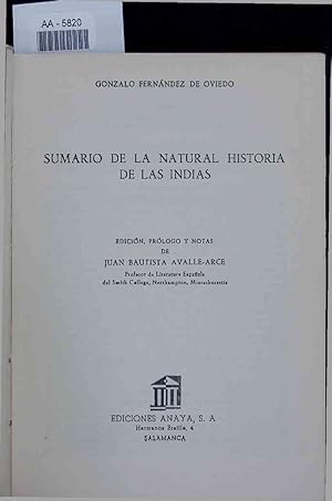 Image du vendeur pour Sumario de la Natural Historia de las Indias. AA-5820 mis en vente par Antiquariat Bookfarm