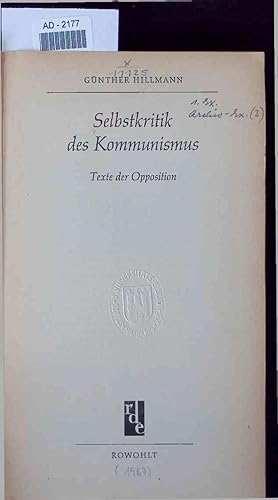 Bild des Verkufers fr Selbstkritik des Kommunismus. AD-2177 zum Verkauf von Antiquariat Bookfarm