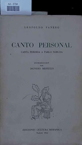 Bild des Verkufers fr Canto Personal. Carta Perdida a Pablo Neruda. AA-5794 zum Verkauf von Antiquariat Bookfarm