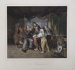 Bild des Verkufers fr Der Uhrendoktor. Kolorierter Stahlstich. C. Strunz nach G. Hoesch aus "Illustriertes Familienbuch" Triest, sterr. Lloyd 1859, 15 x 17,5 cm zum Verkauf von Antiquariat Johannes Mller