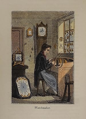 Bild des Verkufers fr Watchmaker. Kolorierter Holzschnitt aus "The Book of Trades". London 1818, 9 x 6,5 cm zum Verkauf von Antiquariat Johannes Mller