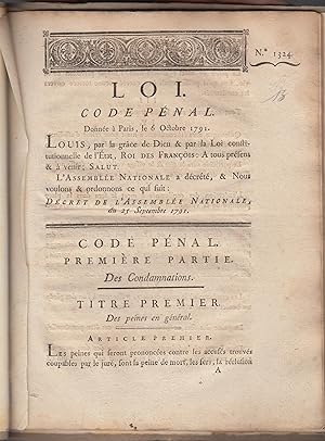 Seller image for Loi, Code pnal : donne  Paris le 6 octobre 1791 . dcret de l'Assemble nationale du 25 sptembre 1791 . for sale by PRISCA