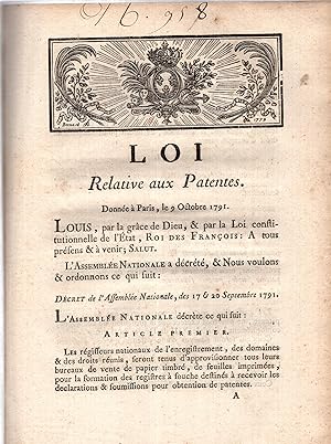Seller image for Loi relative aux patentes : donne  Paris, le 9 octobre 1791. for sale by PRISCA